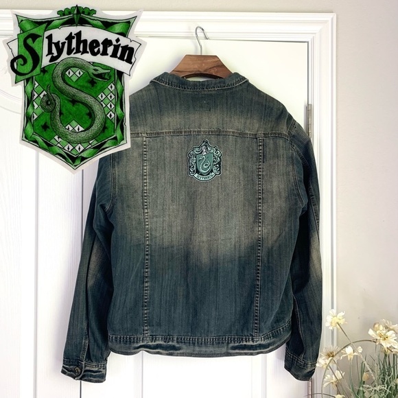 Slytherin House Custom Lightly Distressed Denim Jean Jacket - Picture 2 of 16